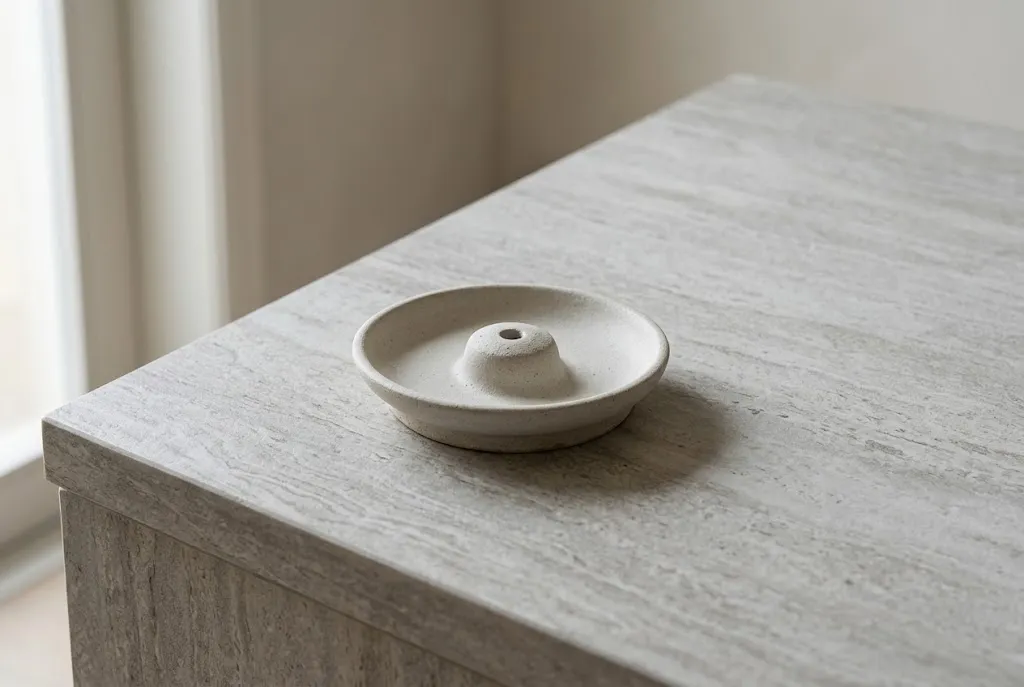 An unlit incense holder on a clear stone surface.