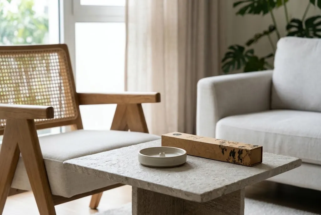 Unlit incense equipment on a clear table in a shared living space.