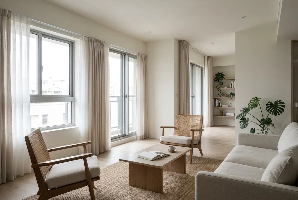 A living room showing its windows, furniture layout and clear walkways.