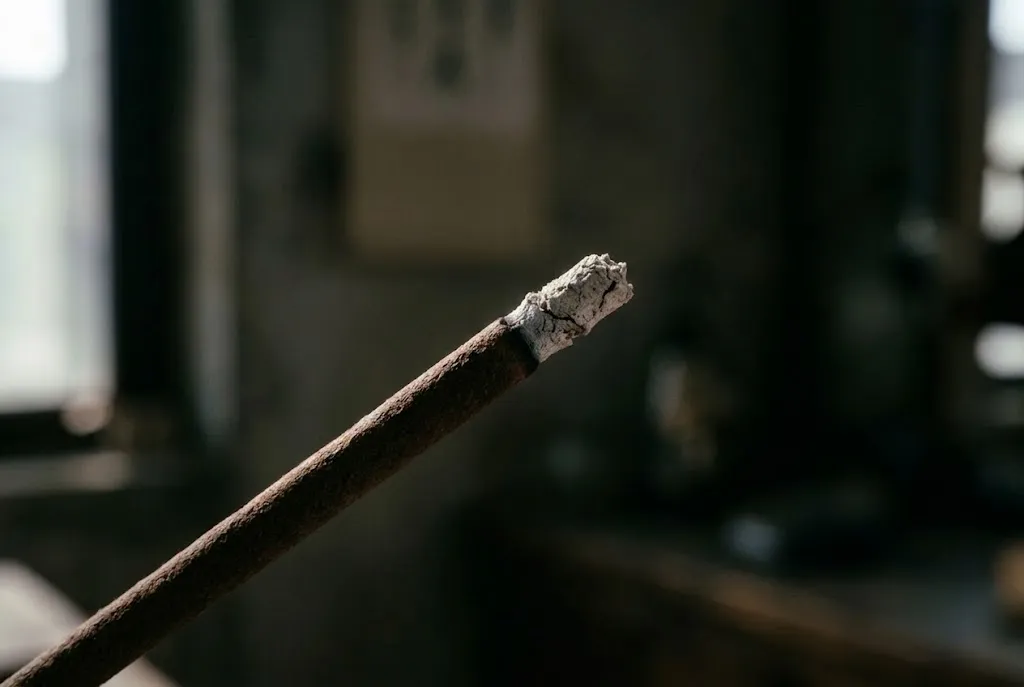 Close-up of the burning tip of an agarwood incense stick showing a small glowing ember and grey ash