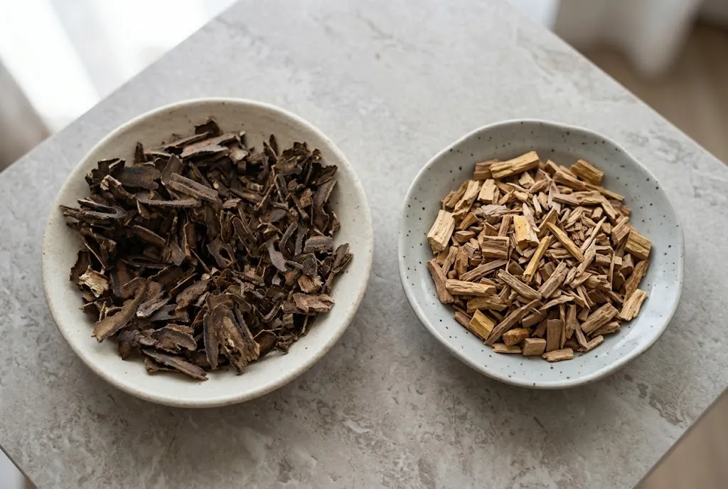 Agarwood and sandalwood samples displayed separately for comparison.