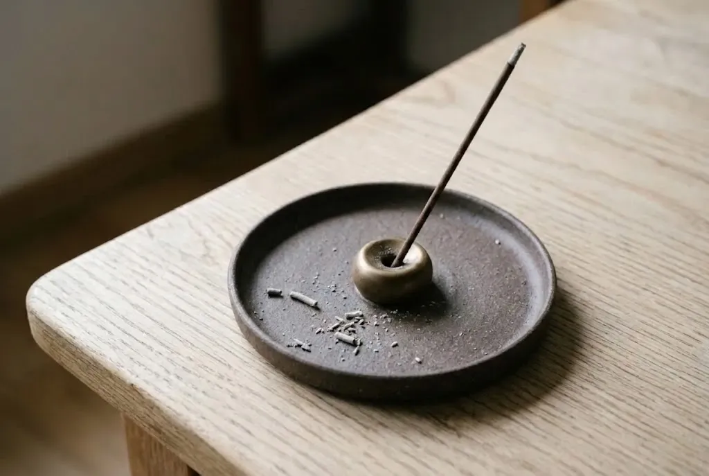Coreless agarwood incense stick seated in a holder on a tray, ready to light
