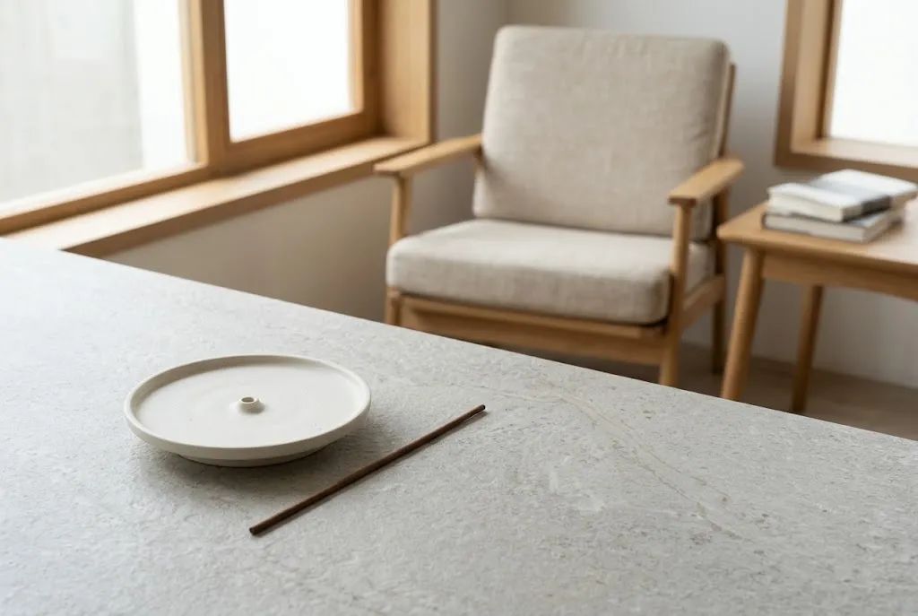 An incense holder and unlit incense in a reading space.