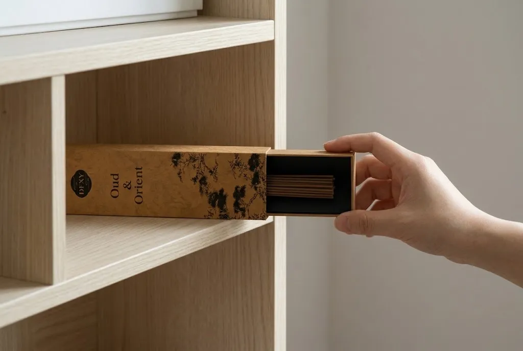 Incense packaging and storage arrangement.