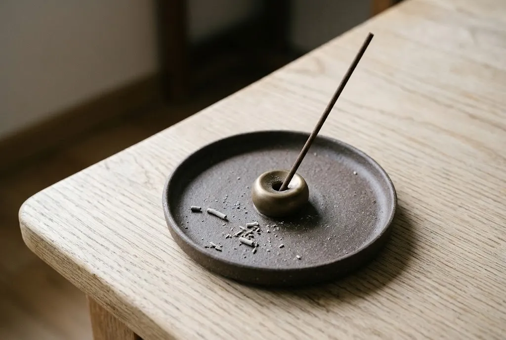Coreless agarwood incense stick seated in a holder, showing how the holder supports the stick and catches ash