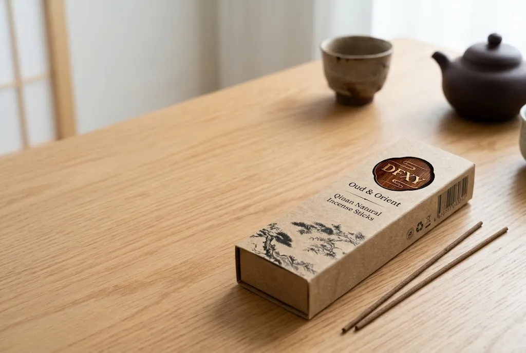 DFXY Qinan incense and packaging on a quiet tea table