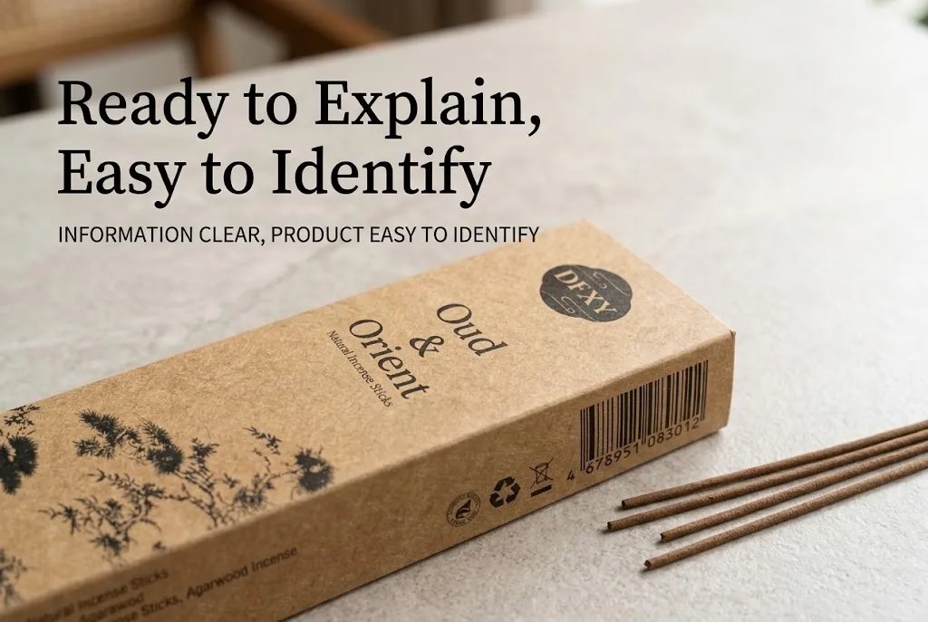 Close-up of DFXY incense packaging and product identification details