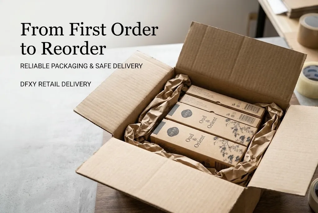 DFXY retail incense packs in their protective shipping packaging