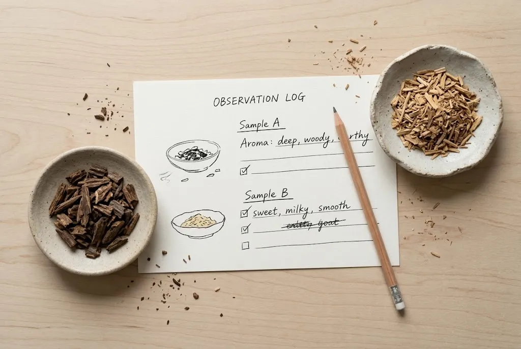 Separate aromatic wood samples beside an observation card.
